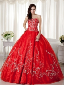 Red Ball Gown Sweetheart Floor-length Organza Beading and Embroidery Quinceanera Dress