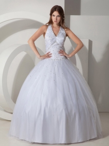 White Ball Gown Halter Floor-length Taffeta Beading Quinceanera Dres