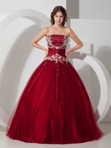 Wine Red Ball Gown Strapless Floor-length Satin and Tulle Appliques and Beading Quinceanera Dress