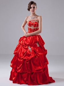 Appliques A-Line Taffeta Floor-length Strapless Quinceanera Dress Red