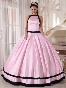 Baby Pink and Black Ball Gown Bateau Floor-length Satin Quinceanera Dress