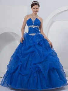 Ball Gown Strapless Floor-length Quinceanera Dress Blue Organza Beading and Hand Made Flowers