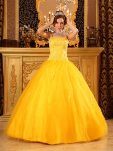 Cheap Ball Gown Spaghetti Straps Floor-length Beading Satin and Organza Gold Quinceanera Dress