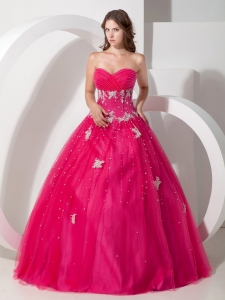 Hot pink Ball Gown Sweetheart Floor-length Tulle Appliques and Beading Quinceanera Dress