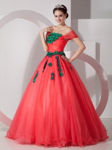 Coral Red Princess Off The Shoulder Floor-length Organza Appliques Quinceanera Dress