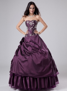 Embroidery Dark Purple Strapless Ball Gown Taffeta Floor-length Quinceanera Dress