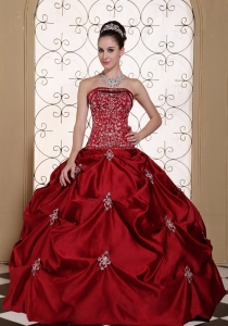 Appliques in Wine Red Taffeta Pick-ups Strapless Modest Quinceanera Dress