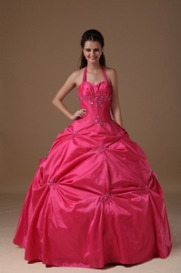 Hot Pink Ball Gown Halter Floor-length Taffeta Beading Quinceanera Dress