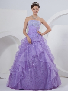 Pretty A-line Strapless Organza Lilac Floor-length Quinceanera Dress