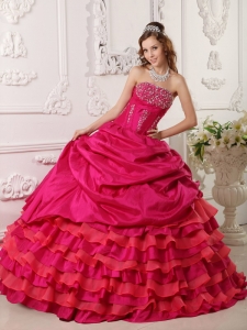 Hot pink Ball Gown Strapless Floor-length Taffeta Beading Quinceanera Dress