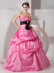 Rose Pink Ball Gown Sweetheart Floor-length Taffeta Sash Quinceanea Dress