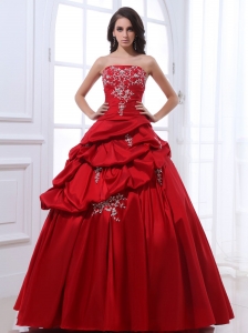 Red Appliques and Pick-ups Quinceanera Dress With Floor-length Taffeta In 2019