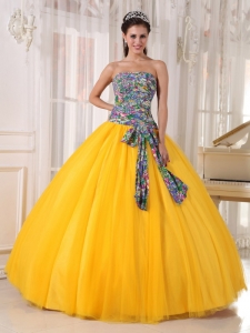 Yellow Ball Gown Strapless Floor-length Tulle and Printing Sequins Quinceanera