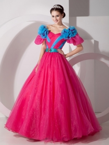 Hot Pink A-line V-neck Floor-length Organza Hand Made Flowers Quinceanera Dress