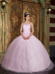 Baby Pink Ball Gown Sweetheart Floor-length Tulle Appliques Quinceanera Dress