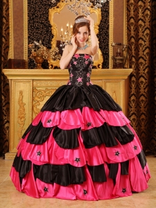 Black And Red Ball Gown Strapless Floor-length Taffeta Beading Quinceanera Dress