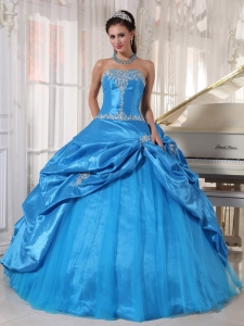 Baby Blue Ball Gown Strapless Floor-length Taffeta and Tulle Appliques Quinceanera Dress