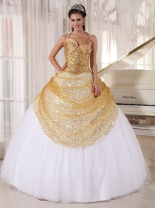 Gold and White Ball Gown Spaghetti Straps Floor-length Tulle and Sequin Appliques Quinceanera Dress