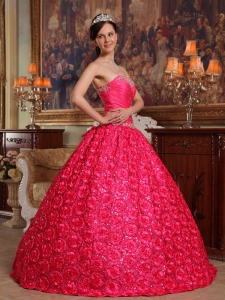 Hot pink Ball Gown Strapless Floor-length Fabric With Roling Flowers Appliques Quinceanera Dress