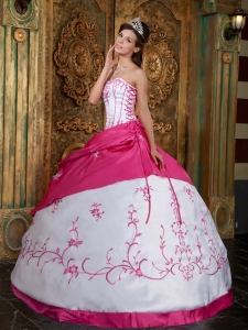 Hot pink Ball Gown Strapless Floor-length Embroidery Satin Quinceanera Dress