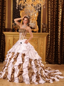 Gorgeous Ball Gown Strapless Brush Train Taffeta and Leopard White Quinceanera Dress