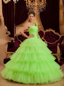 Spring Green A-line / Princess One Shoulder Floor-length Ruffles Quinceanera Dress