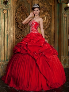 Red Ball Gown Sweetheart Floor-length Taffeta Beading and Appliques Quinceanera Dress