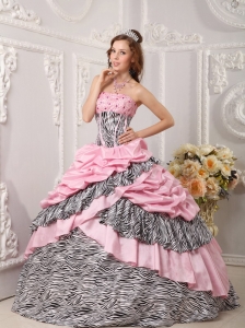 Romantic Ball Gown Strapless Floor-length Taffeta and Zebra Beading Pink Quinceanera Dress