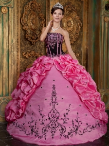 Hot Pink Ball Gown Strapless Floor-length Embroidery Taffeta Quinceanera Dress