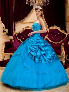 Blue Ball Gown Strapless Floor-length Taffeta and Tulle Lace Appliques Quinceanera Dress