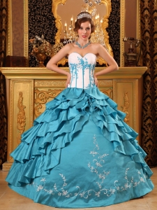 Baby blue Ball Gown Sweetheart Floor-length Ruffles And Embroidery Taffeta Quinceanera Dress