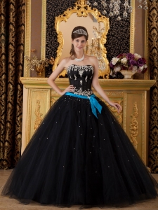 Black Ball Gown Strapless Floor-length Appliques Tulle Quinceanera Dress