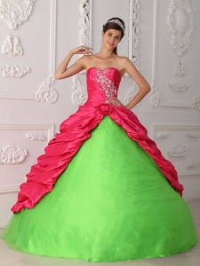 Green and Hot pink Ball Gown Sweetheart Floor-length Taffeta Appliques and Ruch Quinceanera Dress