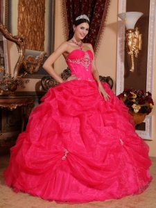 Coral Red Ball Gown Sweetheart Floor-length Organza Beading Quinceanera Dress