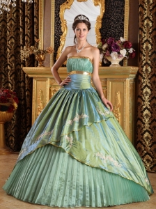 Olive Green Ball Gown Strapless Floor-length Taffeta and Organza Appliques Quinceanera Dress