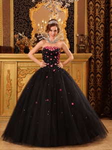 Popular Ball Gown Strapless Floor-length Tulle Appliques Black Quinceanera Dress