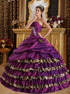 Eggplant Purple Ball Gown One Shoulder Floor-length Taffeta and Leopard Appliques Quinceanera Dress