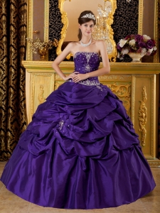 Purple Ball Gown Strapless Floor-length Taffeta Appliques Quinceanera Dress