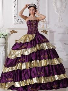 Purple and Gold Ball Gown Strapless Floor-length Taffeta Embroidery Quinceanera Dress