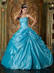 Blue Ball Gown Strapless Floor-length Taffeta Appliques Quinceanera Dress