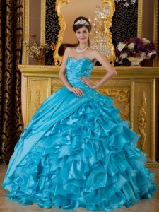Blue Ball Gown Sweetheart Floor-length Taffeta and Organza Appliques Quinceanera Dress