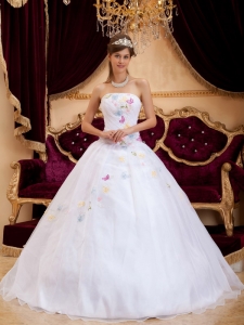 White A-Line / Princess Strapless Floor-length Organza Appliques Quinceanera Dress