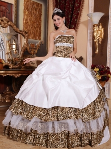 White Ball Gown Strapless Floor-length Leopard Beading Quinceanera Dress