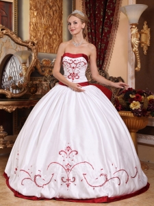 White Ball Gown Strapless Floor-length Satin Embroidery Quinceanera Dress