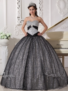 Black and Silver Sequined and Tulle Quinceanera Dress Lace Up Back
