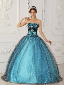 Black and Blue Ball Gown Strapless Floor-length Taffeta and Tulle Beading and Appliques Quinceanera Dress