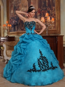Teal Ball Gown Strapless Floor-length Taffeta and Organza Beading and Pick-ups Quinceanera Dress