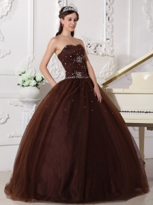 Brown Ball Gown Sweetheart Floor-length Tulle Rhinestone Quinceanera Dress