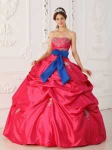 Hot pink Ball Gown Strapless Floor-length Taffeta Beading and Sash Quinceanera Dress