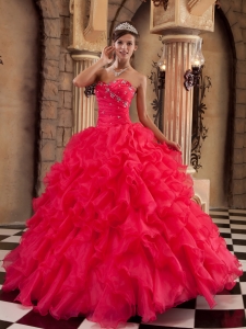 Coral Red Ball Gown Sweetheart Floor-length Ruffles Organza Quinceanera Dress